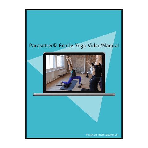 Parasetter® from physicalmind institute pilates gentle yoga video and manual book cover art featuring female yoga instructor teaching a gentle yoga class to yoga students using a yoga mat and parasetter® with parasetter® accessories
