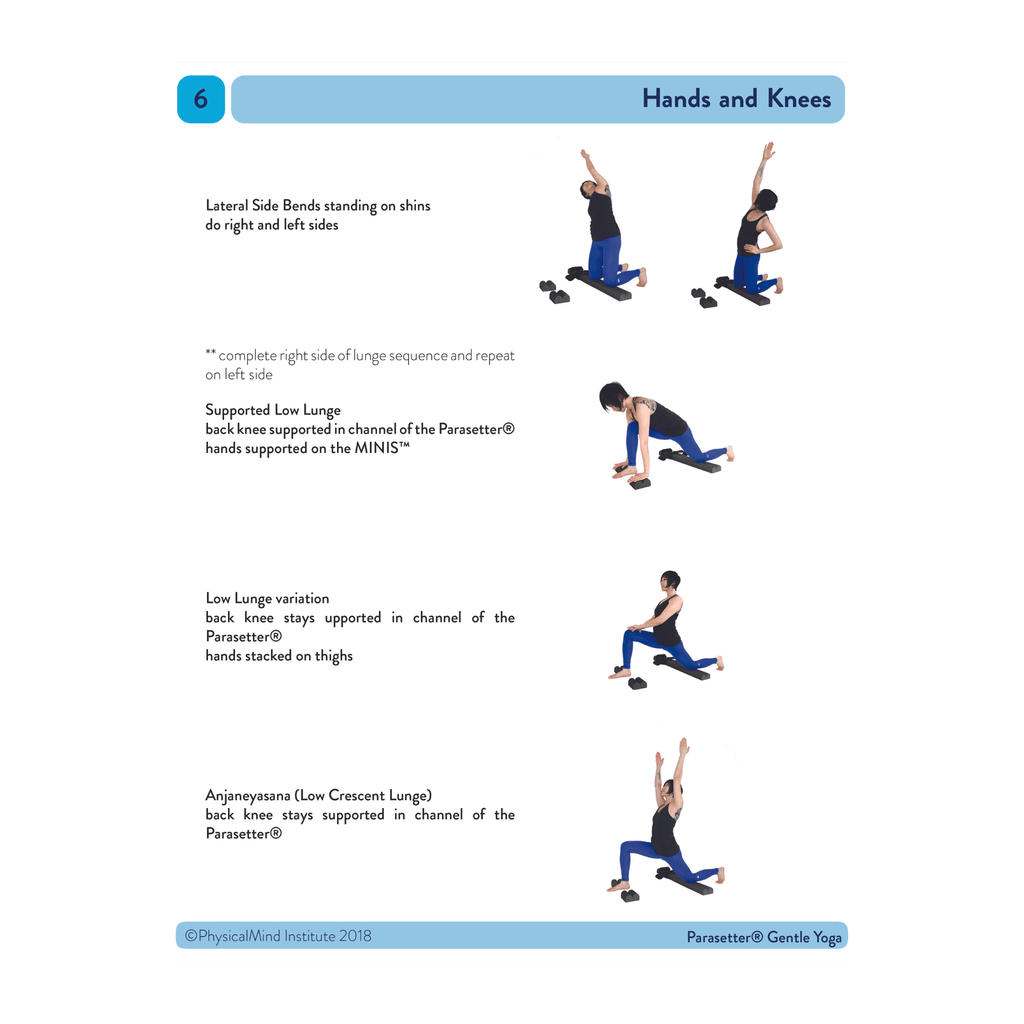 Parasetter® from physicalmind institute pilates gentle yoga video and manual book sample page featuring female yoga instructor teaching a gentle yoga movement on hands and knees using a yoga mat and parasetter® with parasetter® accessories and parasetter® MINIs™